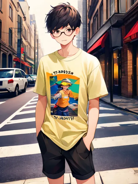 a young boy. wear the T-shirt​ and short Cowboy pants and glasses. in the city. stand on the street​. looking to the viewer.