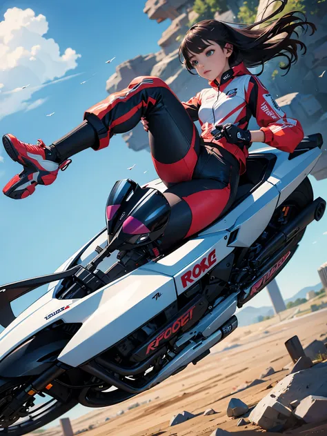 A girl riding a motosport and robot fly