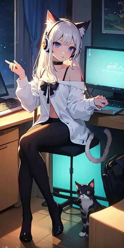 Anime girl with headphones sitting at computer with cat, anime cat ears girl, anime cat, anime style 4 k, beautiful anime catgirl, anime catgirl, Nightcore, cute anime catgirl, very beautiful anime cat girl, anime atmosphere, digital anime illustration, ca...