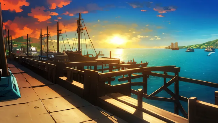 ((Port)), ships, sea, Beautiful glow, volumetric light, best quality, Sun, Insanely beautiful, 32k, (view of the pier with ships)