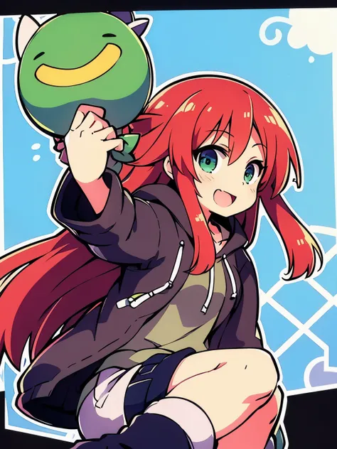 Pygmy   gentle expression(smile) Red hair(long hair) green eyes clothes(hoodie) pants(half pants)