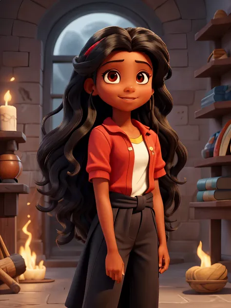 capa de livro colorido:  10 year old long black hair to the waist, olhos negros, pele branca, light brunette who holds in her hands a red magic brush, adora cores, este sorriso. 