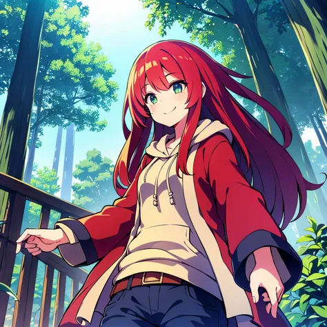 pygmy   gentle expression(smile) red hair(long hair) green eyes clothes(hoodie) pants(half pants)