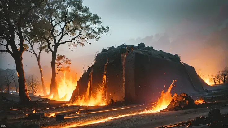 Cinematic lighting, (depth of field) , Ultra HD, (trunk), (realistic background), stony ground with many dry branches sticking out of the ground, hot lava coming out of the ground (volcano lava everywhere), dry and burnt vegetation, building in the backgro...