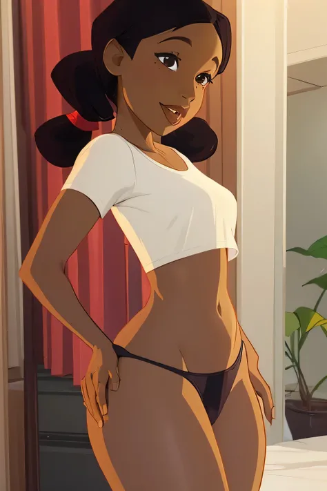 (masterpiece:1.2), (best quality:1.2), 1girl, penny proud, black hair, twin tails, dark-skinned, red lipstick,buttjob, dark-skinned female:1.4, (tan), thong ,pose