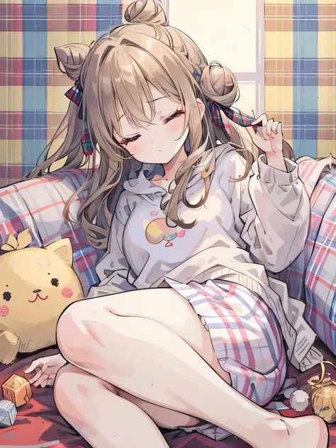 girl,Her light brown hair is tied into a bun on the top of her head.,big full moon,Lying on the couch、Sleeping with your eyes closed,Colorful room in pastel colors,Going to bed,wearing a nightcap,((tartan background:1.2))