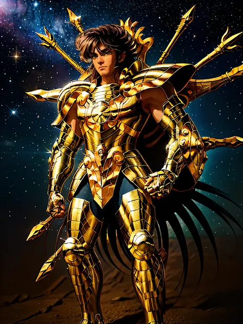 Ultra-high saturation, (tmasterpiece), full body photo, (best quality), (1man), starry sky background, Wearing shiny gold armor, armor type armor shows details of your muscles, showing the belt, showing the armor thigh protector, cool pose, Saint Seiya Arm...