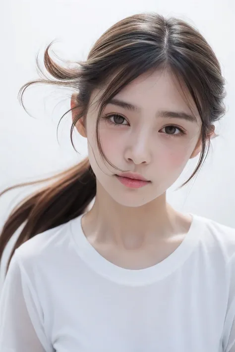 HASSELBLAD CAMERA, RAW photo, (Realistic: 1.2), 1girll, (Beautiful and charming: 1.4), Ponytail twist, White frilled long T-shirt, White skirt, White sneakers, Detailed face, Beautiful eyes, (Perfect body: 1.2), Wet shirt, Wet body, (detail: 1.2), 8K Ultra...