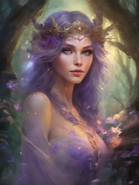 Weibchen mit leuchtend violett Augen, black Haar, Hexe, goddess, leuchtende Zauber wirken, in mystical fantasy forests, evil grin