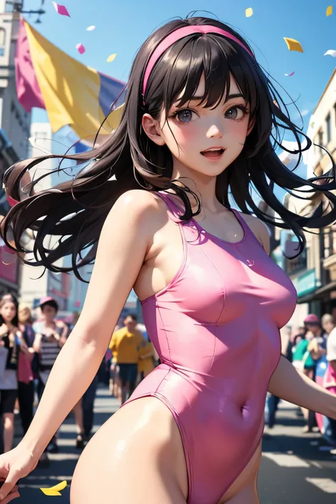 very cute and beautiful girl,(highly detailed beautiful face),(pink leotard:1.2),(sleeveless),(laugh),
festival in town street,(parade:1.2),(many people wearing pastel costume),flags,confetti in sky,outdoors,depth of field,
cowboy shot,standing,dynamic pos...