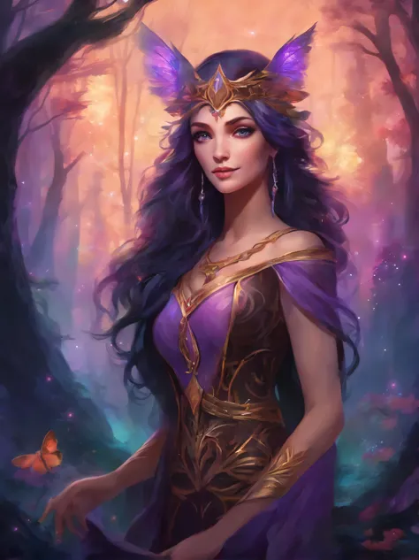 Weibchen mit leuchtend violett Augen, black Haar, Hexe, goddess, leuchtende Zauber wirken, in mystical fantasy forests, evil grin