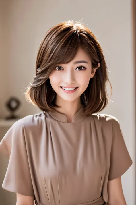 ((Best Quality, 8K, Masterpiece: 1.3)), 1 Girl, Slim Abs Beauty: 1.3, (Hairstyle Brown Hair Shortcut, Big: 1.2), Dress: 1.1, Super Slender Face, Delicate Eyes, Double Eyelids, Smile, Home, Raw Photo