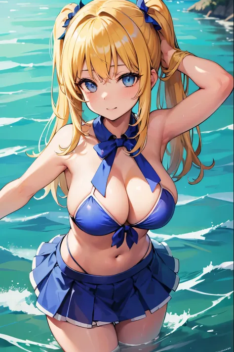 1girl, ((masterpiece, best quality, high resolution, 4k)), beauty, young girl, schlank, steht knietief im wasser, ((wearing a balues bikini top, wearing a blue short sports skirt)), ((blonde haare, lange haare, blaue augen, big )), cute, thicc, ((spielt mi...