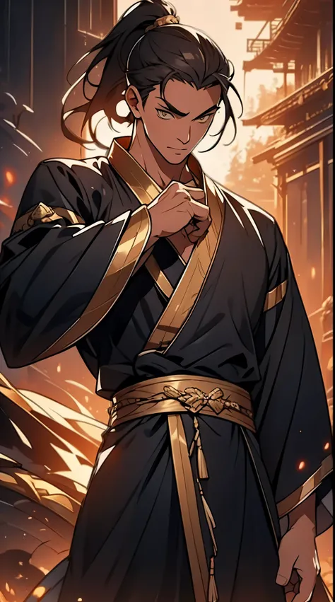 Two dimensions，anime style，one person（male warrior），proportions are correct，facial details，swordsman，high ponytail hairstyle，neck detail，Have an Adam&#39;s apple，Black and gold robe，joke，Black and gold robe，clothing details，Handing over，long sleeves，Game q...