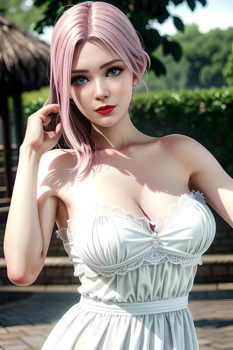 1 girl,Alice,(pajamas),(White strapless dress:1.4),outdoor,  (standing posture),grace,(((red lips))), Lips slightly open,  clavicle,Lactation,(huge breasts),shiny skin,((8k, original photo, top quality, masterpiece), HD RAW color photos professional close-...