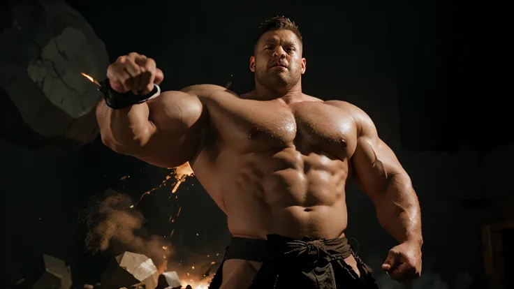 A battle mage has transformed into a mighty muscle colossus using his magic.