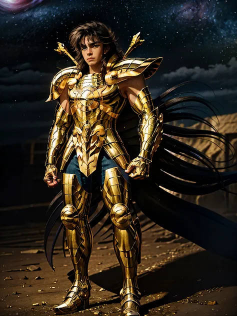 Ultra-high saturation, (tmasterpiece), full body photo, (best quality), (1man), starry sky background, Wearing shiny gold armor, armor type armor shows details of your muscles, showing the belt, showing the armor thigh protector, cool pose, Saint Seiya Arm...