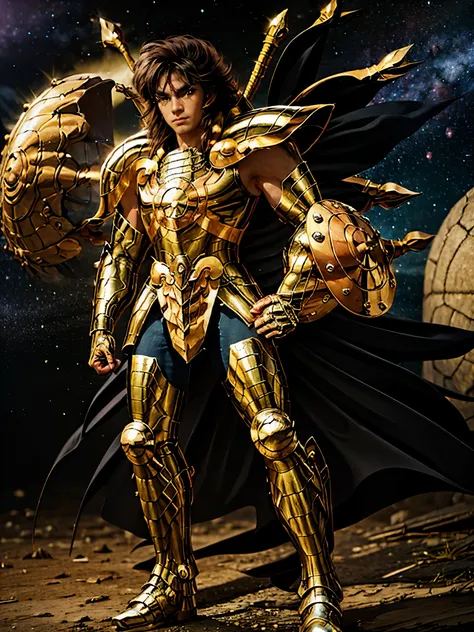 Ultra-high saturation, (tmasterpiece), full body photo, (best quality), (1man), starry sky background, Wearing shiny gold armor, armor type armor shows details of your muscles, showing the belt, showing the armor thigh protector, cool pose, Saint Seiya Arm...