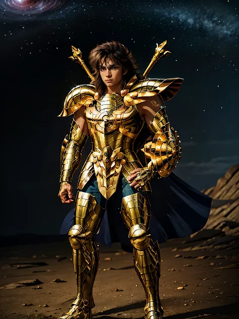 Ultra-high saturation, (tmasterpiece), full body photo, (best quality), (1man), starry sky background, Wearing shiny gold armor, armor type armor shows details of your muscles, showing the belt, showing the armor thigh protector, cool pose, Saint Seiya Arm...