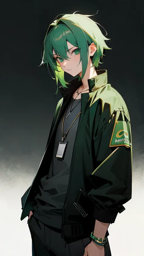 make a picture in anime style, a picture of a 20 year old student with black and slightly green hair, wearing a black jacket with green ornaments and a black t-shirt, wearing several crocodile-shaped accessories, wearing a necklace and bracelet