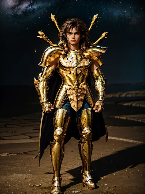 Ultra-high saturation, (tmasterpiece), full body photo, (best quality), (1man), starry sky background, Wearing shiny gold armor, armor type armor shows details of your muscles, showing the belt, showing the armor thigh protector, cool pose, Saint Seiya Arm...