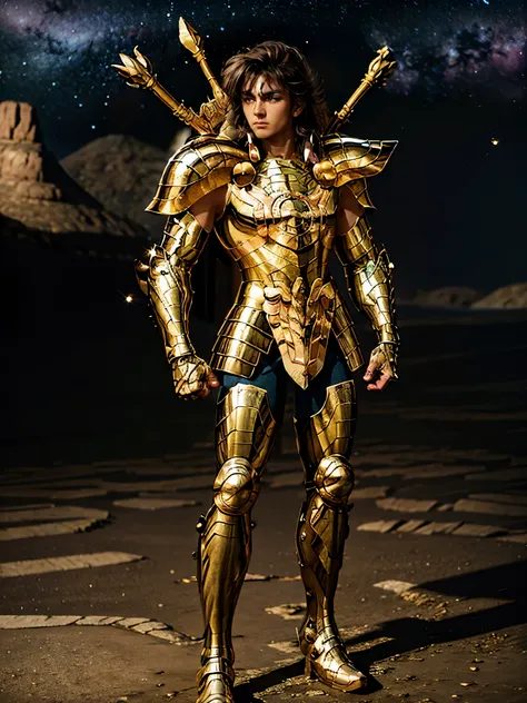 Ultra-high saturation, (tmasterpiece), full body photo, (best quality), (1man), starry sky background, Wearing shiny gold armor, armor type armor shows details of your muscles, showing the belt, showing the armor thigh protector, cool pose, Saint Seiya Arm...