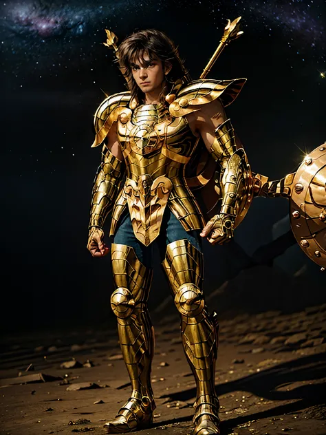 Ultra-high saturation, (tmasterpiece), full body photo, (best quality), (1man), starry sky background, Wearing shiny gold armor, armor type armor shows details of your muscles, showing the belt, showing the armor thigh protector, cool pose, Saint Seiya Arm...
