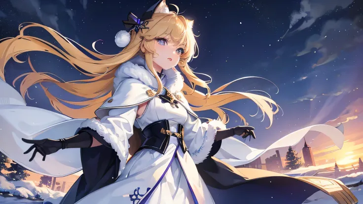 Create a widescreen image of a winter-themed anime girl. character is long, blonde and bright, Expressive eyes full of surprise, look up. She wears stylish clothes, Dark winter coat with fluffy white fur lining the cuffs and collar, and she has elegant glo...