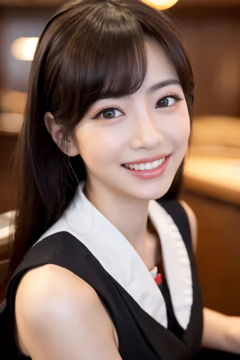 japanese maid cosplay、Beautiful young woman with a smile、((highest quality)), ((masterpiece)), (cinematic aesthetic:1.4）, high quality, 3D, portrait, ８Ｋ、sitting、Realistic、casino、dealer、blackjack、elegant、card、luxurious interior、joy、excited、Confident smile、g...