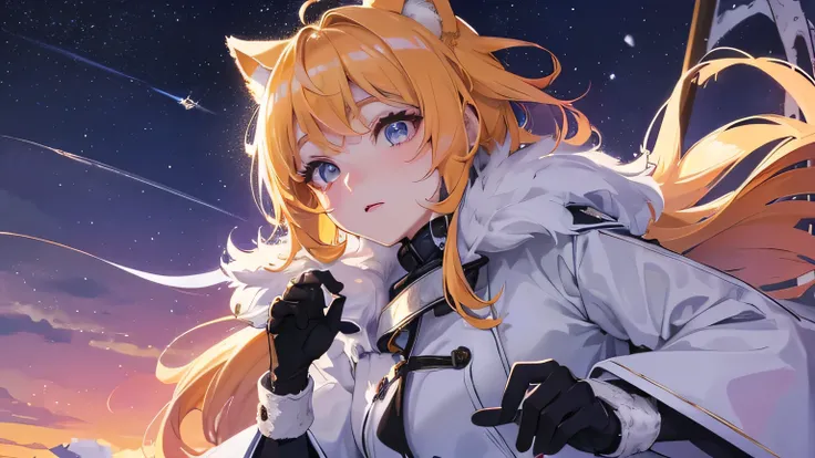 Create a widescreen image of a winter-themed anime girl. character is long, yellow hair and bright, Expressive eyes full of surprise, look up. She wears stylish clothes, Dark winter coat with fluffy white fur lining the cuffs and collar, and she has elegan...