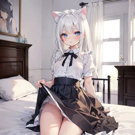 Cat ears, white hair, room with bed, taking off maid uniform, plump, small breasts