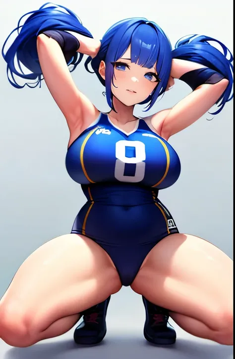 ((highest quality)), ((masterpiece)), (become familiar with),（one woman）、 perfect face、Two dimensions、anime style、high school student、volleyball player、very big breasts、thick thighs、light blue hair、white background、erotic、twin tails、8K、Look straight ahead ...