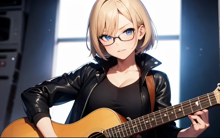 High resolution, 2D anime style,,blue eyes beautiful eyes,high and beautiful nose,thin face,blonde boyish short hair,Cool adult woman,chest is a little big,She looks very happy,bite&#39;lips, she was very angry, she wears glasses,she narrows her eyes,Punk ...