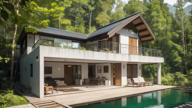 (Masterpiece of) A modern style house, nestled in the heart of a dense forest valley, (adorned with sleek lines and clean edges), pushed against a backdrop of lush greenery and towering trees. The house, bathed in the dappled sunlight filtering through the...