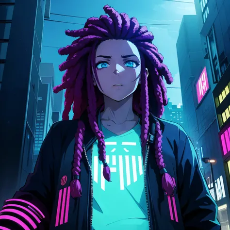 (anime:0.5),alto,ultra-detalhado,retrato, Garoto, homem, menino com dreads cyberpunk,Roupas pretas, cores vibrantes, glowing neon lights, Dystopian urban background, Futuristic cyberpunk aesthetics, olhar intenso, smoky atmosphere, dreadlocks
INFO
