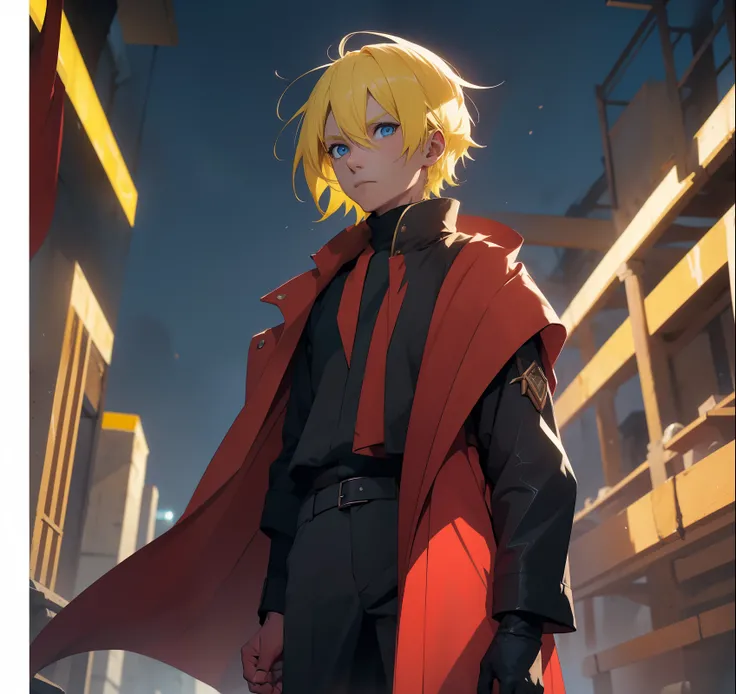 (26 years old), (male), (Yellow hair), (Blue eyes), (Straight Hair), (Short hair), red scarf, red Wizard Robe, sleeveless, black pants, black gloves, slim, up to legs