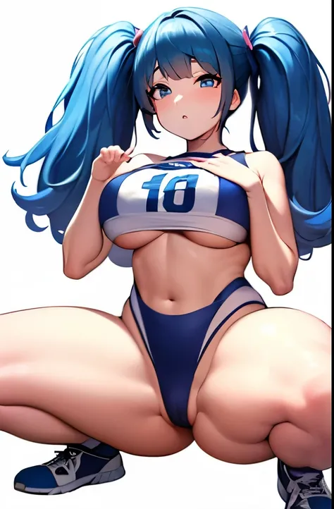 ((highest quality)), ((masterpiece)), (become familiar with),（one woman）、 perfect face、Two dimensions、anime style、high school student、volleyball player、very big breasts、thick thighs、light blue hair、white background、erotic、twin tails、8K、Look straight ahead ...