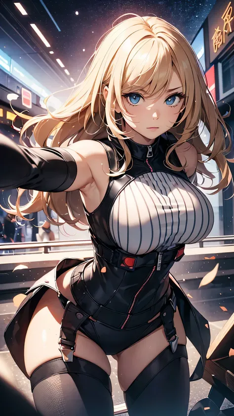 最high quality、best image quality、masterpiece、teenage girl((20-year-old、 By becoming、vest bust、medium bust,wide open breast tea、black eye, blonde hair、long hair、thin,highest valley、glowing battle uniform、dynamic movement、fighting pose、Feeling of sprinting))...