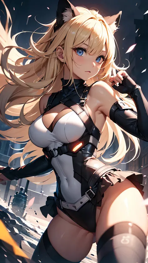 最high quality、best image quality、masterpiece、teenage girl((20-year-old、 By becoming、vest bust、medium bust,wide open breast tea、black eye, blonde hair、long hair、thin,highest valley、glowing battle uniform、dynamic movement、fighting pose、Feeling of sprinting))...