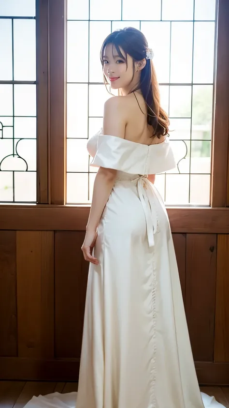 A beautiful bride standing in the chapel wearing a pure white cape and wedding long flared dress,(((look over your shoulder,hands on the wooden window frame))),Full-body shot from the front,best image quality,professional angle of view,Exceptional detail,S...