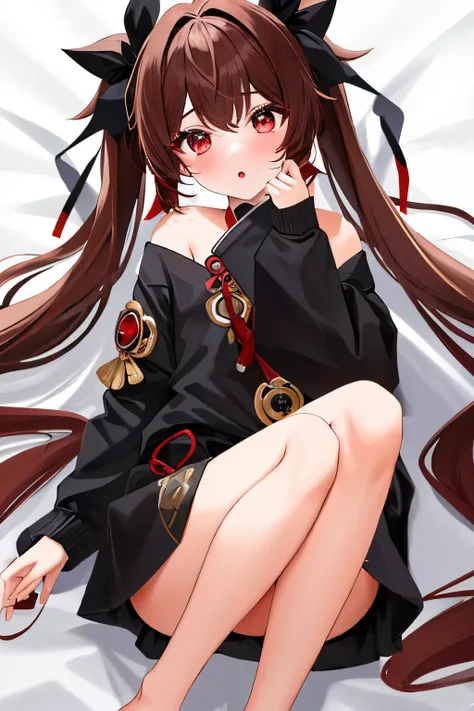 masterpiece, highest quality,
1 girl, Futao (genshin impact), boo tao,have, red eyes, twin tails, brown hair, alone, pupil in the shape of a symbol, long hair,bangs, black shorts , naked, 下半身naked