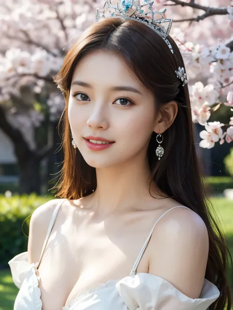 (Masterpiece:1.3), (8ก, Virtual image, raw photography, Highest picture quality: 1.4), 1 very beautiful girl, Smile with beautiful white teeth, Traditional Chinese hair, Hair pins, crown in front of head, Breast cleavage:1.2、Highly detailed face、The Eye of...