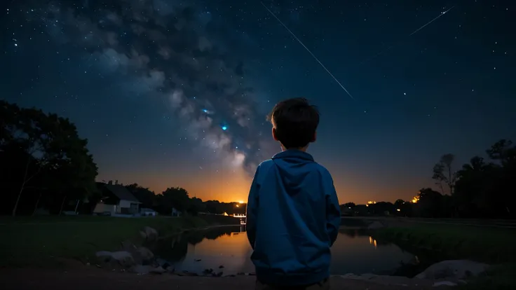 The back of a little boy looking up at the night sky,