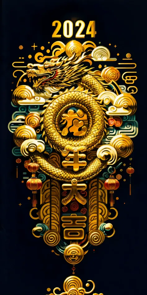 red background, (pure golden chinese dragon occupying a coner of the picture), embellished with chinese new year elements,scatte...