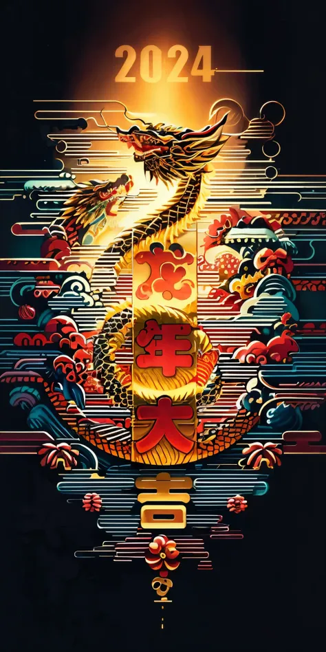 red background, (pure golden chinese dragon occupying a coner of the picture), embellished with chinese new year elements,scatte...