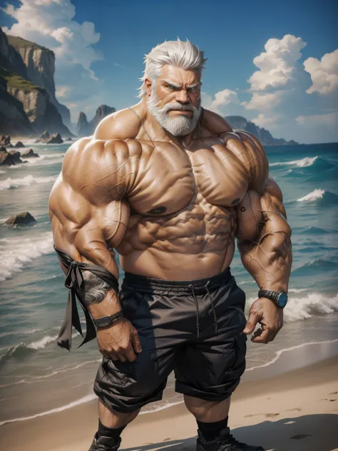 solo, 1boy, 1man, muscular old man (short and white hair), white beard, standing on beach, mad exspressions, focus eyes, detailed ,really big muscle, bigger muscle, very big muscular, over sized muscle, absurdly muscle size, absurd muscle size, pectoral, h...