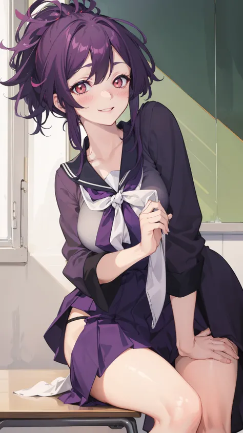 (1girl, solo), best quality, masterpiece, (leaning over to table:1.4), 1girl, yuzuriha_(jigokuraku), purple hair, brown eyes, small breasts, topknot, medium hair, breasts apart, seductive smile, (blush:1.1), japanese exterior, classroom, beautiful pose, (s...