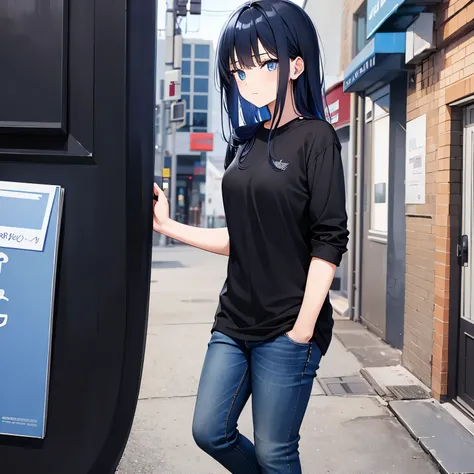 eye color is blue　hair color is black　medium hair　No expression　Are standing　jeans　high school girl