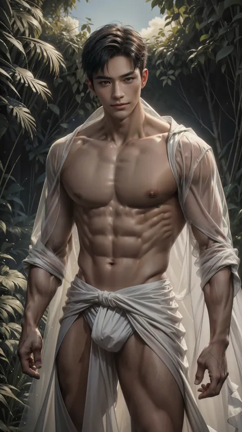 1 man, (male model) hot skin, masterpiece, best quality, most handsome man in the world, by Shen Quan, perfect body, beautiful male model, an attractive man 18-24 years old aesthetic, blossoms in spring, green fields, spring, plains, trees, flowers, blue s...