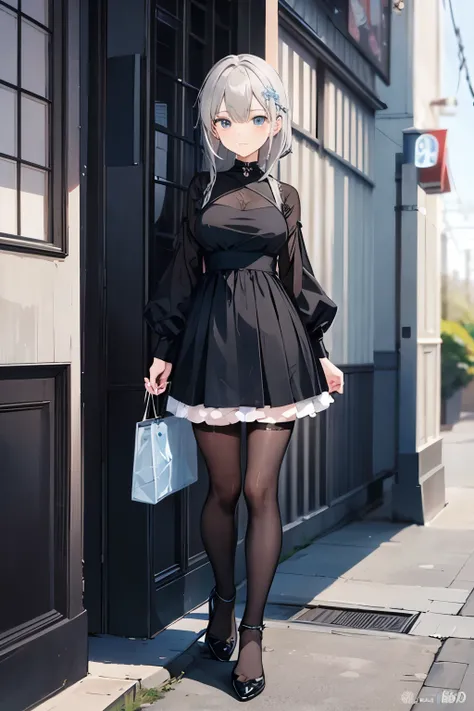 anime character cute girl, gray hair, blue eyes, wearing a black dress, beauty, small breasts, front, Are standing, full body --ar 3:7 --s 40